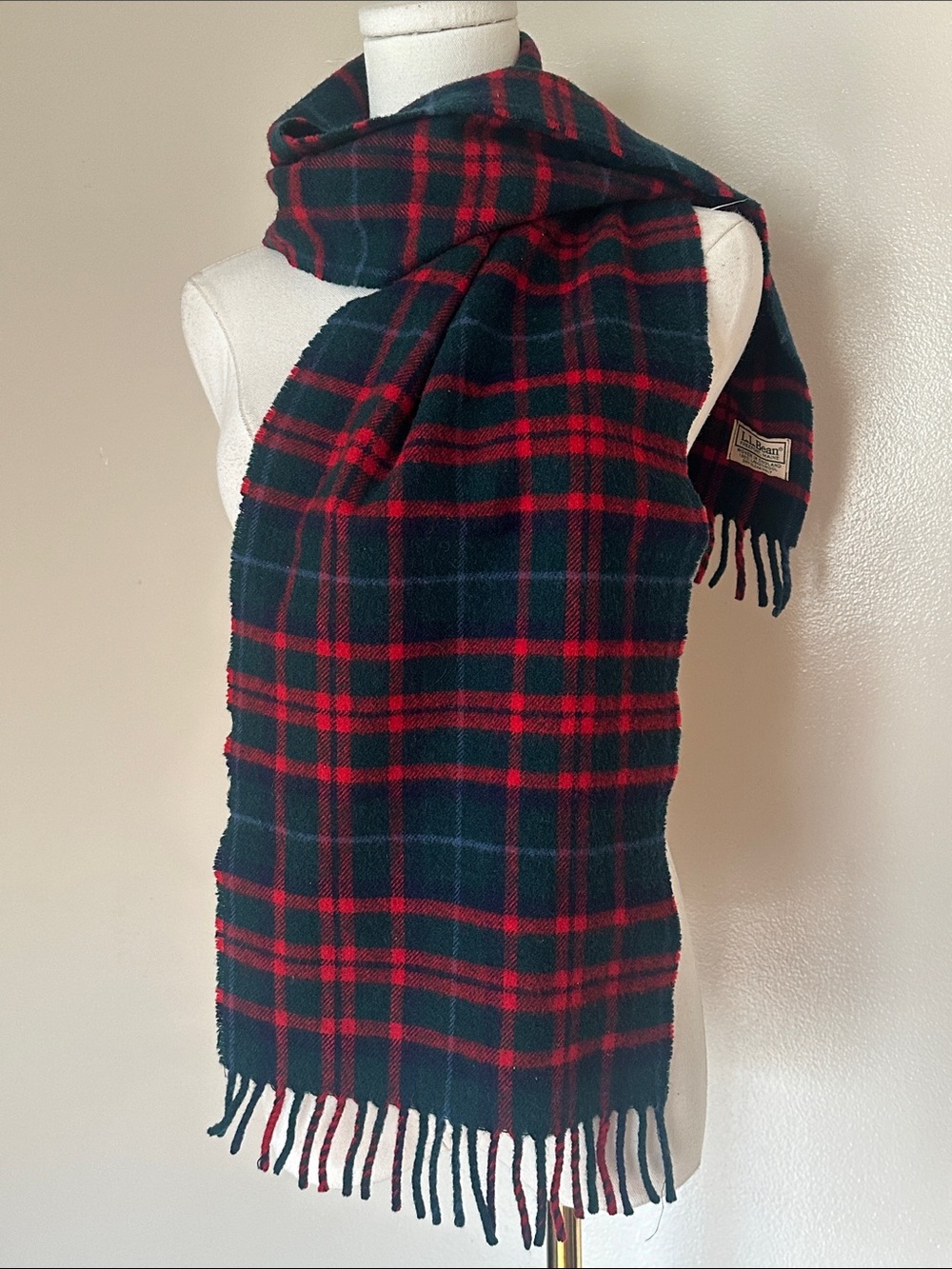 Vtg LL Bean Tartan Plaid 100% Lambswool Scarf Red Green Fringe Preppy Academia